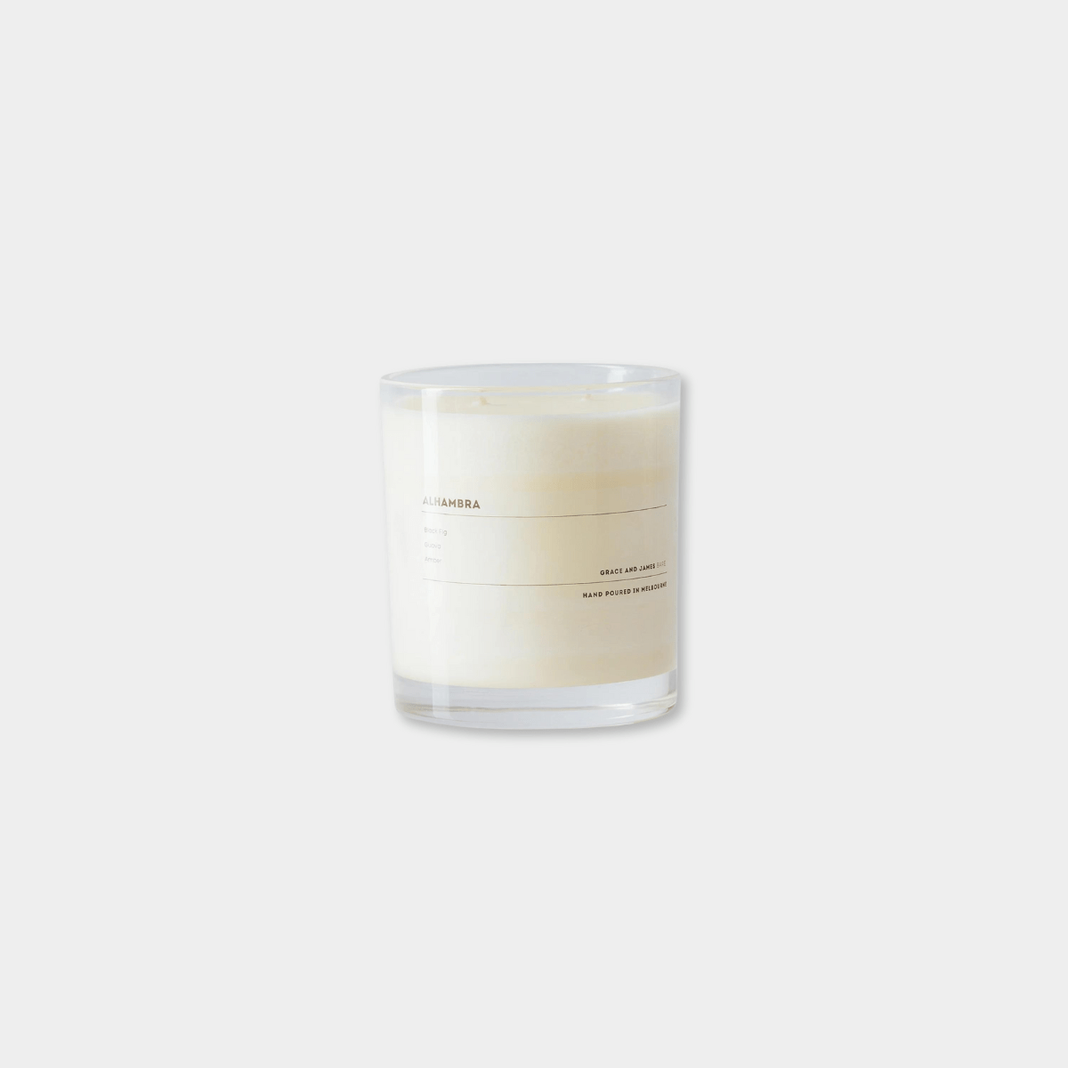 Grace and James Alhambra scented candle with black fig, guava, amber, 100% soy wax, double wick, 80-hour burn time in clear glass jar