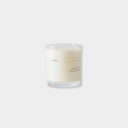 Grace and James Alhambra scented candle with black fig, guava, amber, 100% soy wax, double wick, 80-hour burn time in clear glass jar