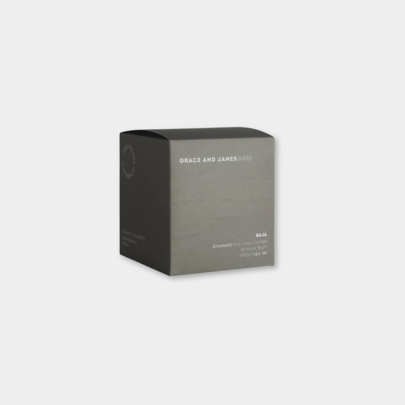 Grace and James Baja 80hr scented candle box with basil, grapefruit, and cucumber scent in 100% soy wax double wick design