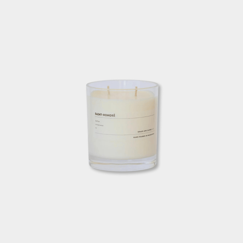 Grace and James Saint Honoré double wick soy wax scented candle with saffron, amberwood, and fir, 80-hour burn time