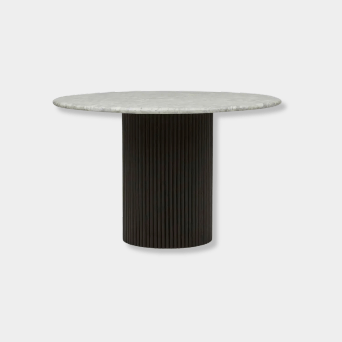 Benjamin Ripple Marble Dining Table with white Carrara marble top and matte black ripple motif timber base, 120cm diameter