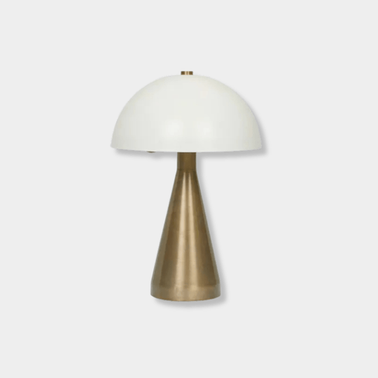 GlobeWest Easton Dome Lamp with matt ivory dome shade and antique brass metal base, modern mushroom-shaped table lamp.