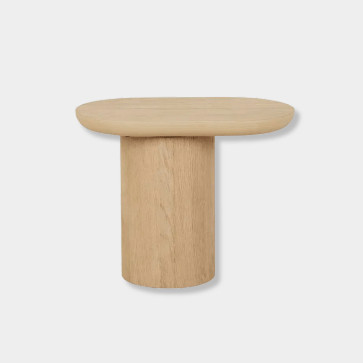 Globe West Seb Pedestal Side Table in natural oak with narrow oval top and cantilever design