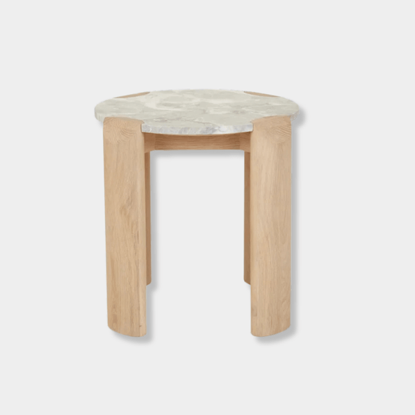 GlobeWest Willa Marble side table with grey marble top and light oak legs, round modern design