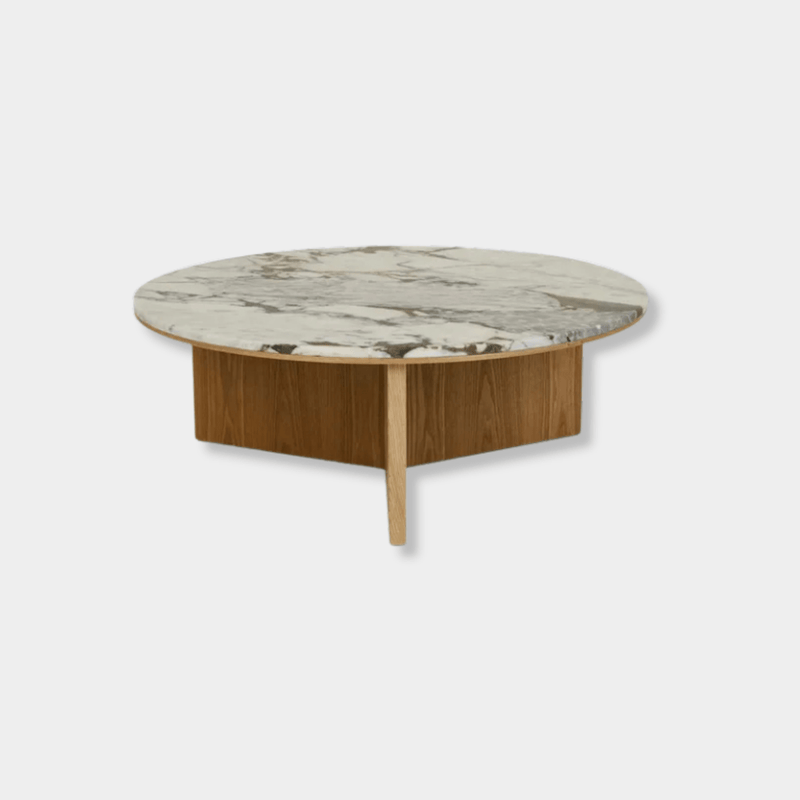 GlobeWest Elsie round coffee table with matt ocean marble top and natural ash veneer base