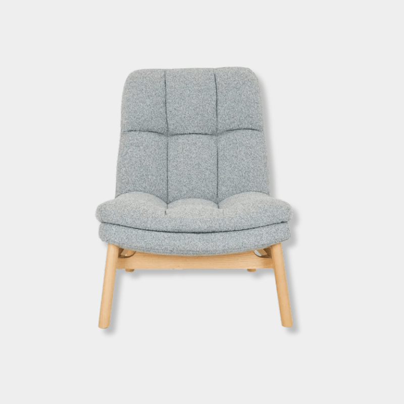 GlobeWest Kip Occasional Chair in Nimbus grey fabric with natural ash wood legs, modern cushioned lounge chair.