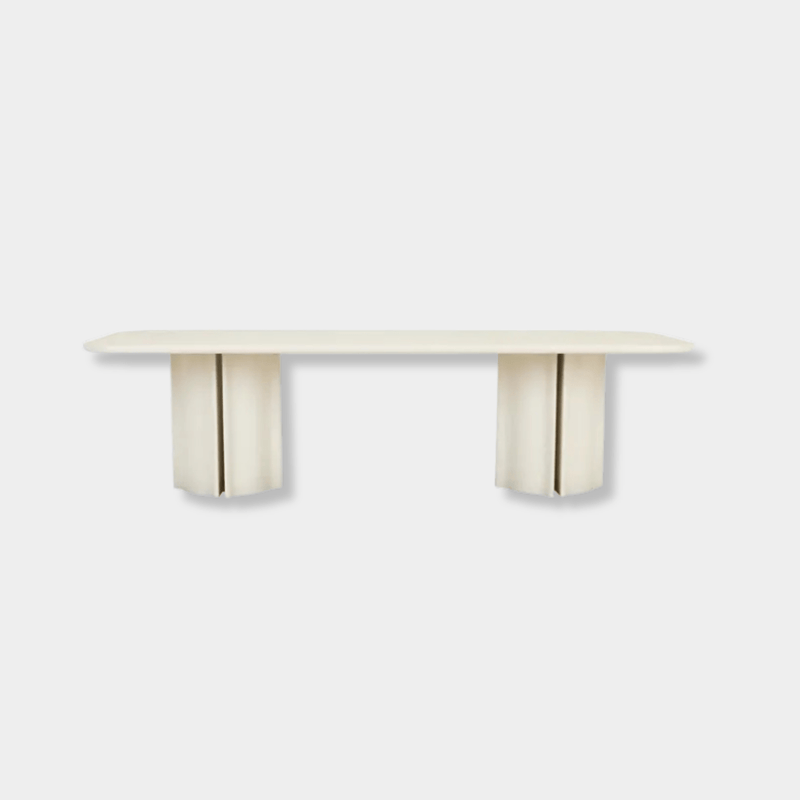 GlobeWest Leon Dining Table in porcelain with sculptural fluted pillar legs and rounded corners, seating up to 10.