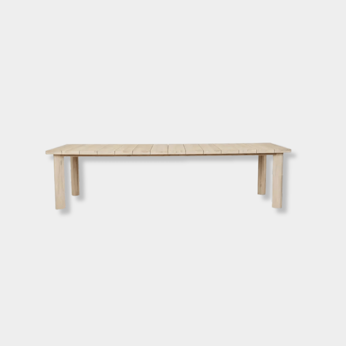 GlobeWest Montana Raft Dining Table in aged teak with slatted top and solid legs, seating up to 8.