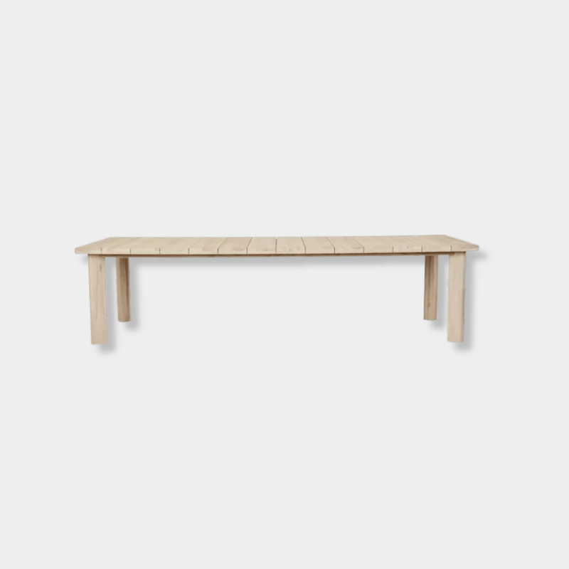 GlobeWest Montana Raft Dining Table in aged teak with slatted top and solid legs, seating up to 8.