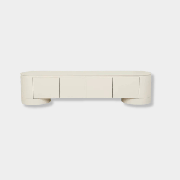 GlobeWest Pluto porcelain entertainment unit with rounded silhouette, circular legs, four doors, and ash veneer finish