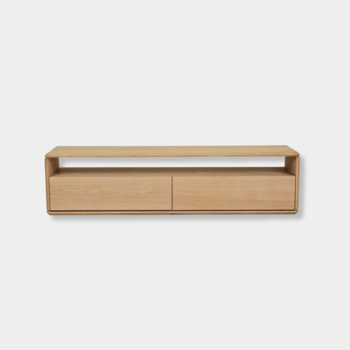 GlobeWest Henry Entertainment Unit in light oak with two drawers and open shelving, modern oak veneer design