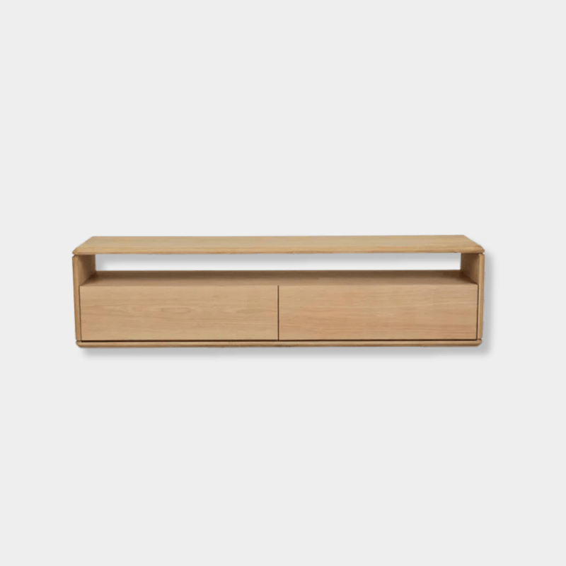 GlobeWest Henry Entertainment Unit in light oak with two drawers and open shelving, modern oak veneer design