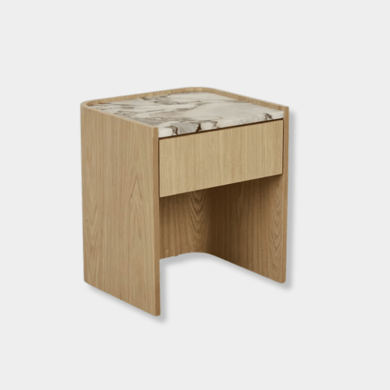 GlobeWest Elsie Bedside with matt ocean marble top and natural ash veneer body, compact modern design with soft curved edges and storage drawer
