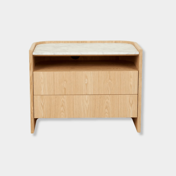 GlobeWest Elsie Two Drawer Bedside, White Marble & Natural Ash | Norsu Interiors