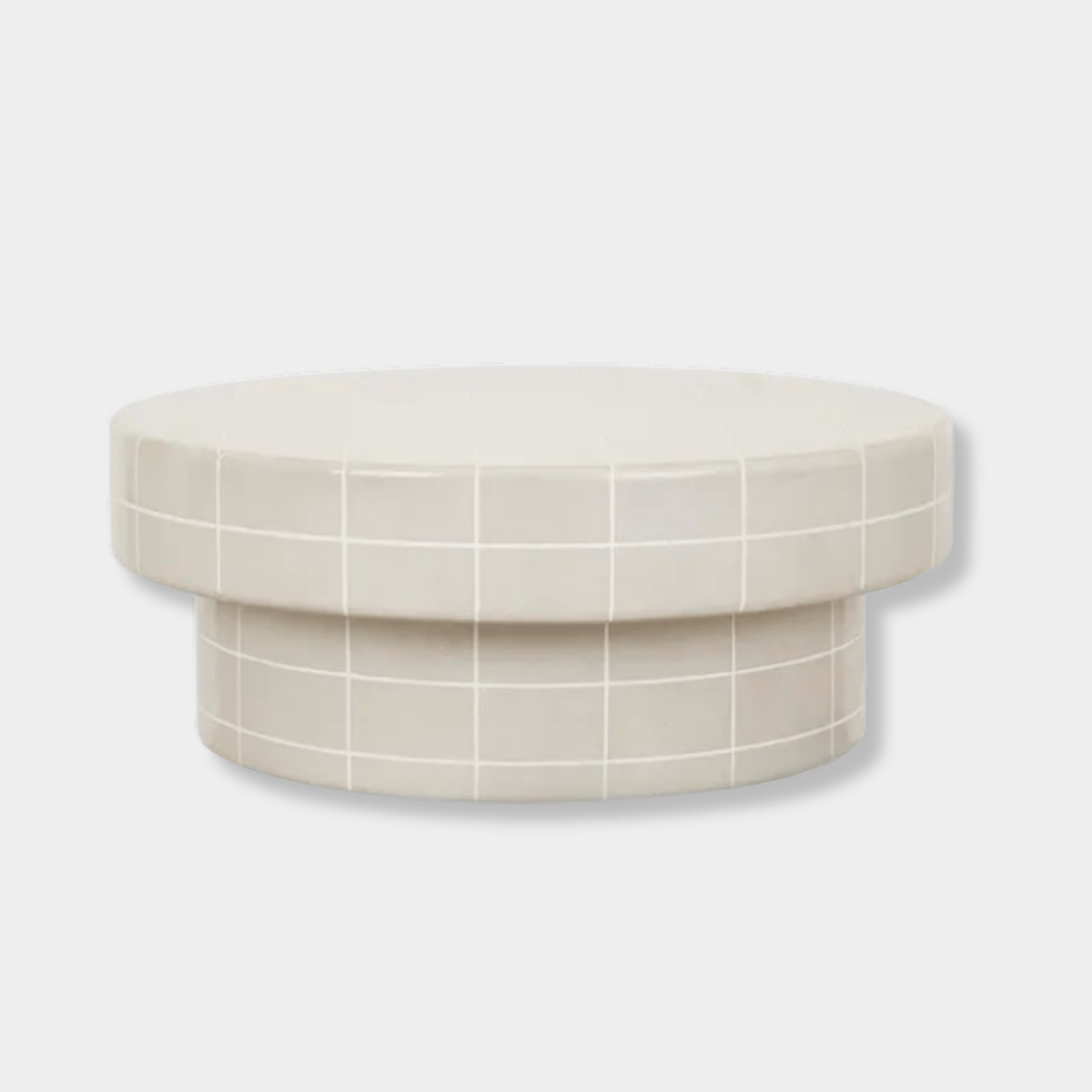 GlobeWest Seville Tile round coffee table in pearl white with mid-century modern design and tile pattern