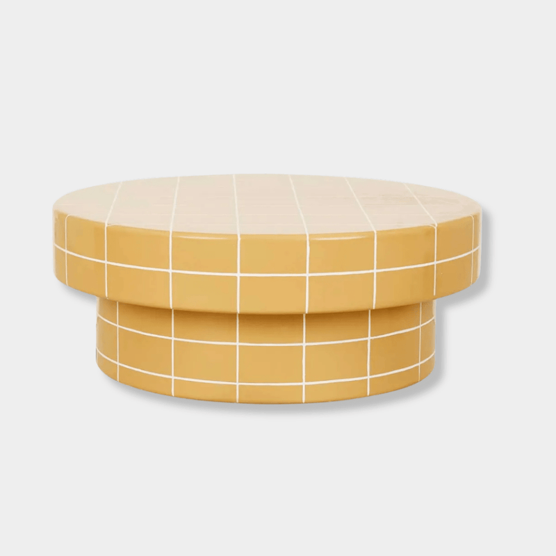 GlobeWest Seville Tile round honey-colored coffee table with white grout lines and mid-century modern design