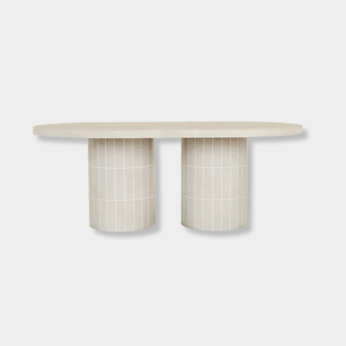 GlobeWest Seville Tile Oval Dining Table in pearl white with tiled cylindrical base and matte glazed concrete top