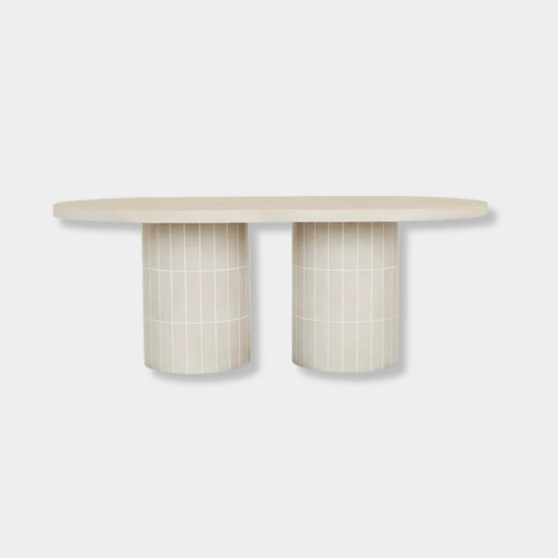 GlobeWest Seville Tile Oval Dining Table in pearl white with tiled cylindrical base and matte glazed concrete top