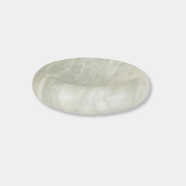 GlobeWest Rufus Indra Bowl in polished green onyx marble with rounded elevated design, handcrafted indoor decor.
