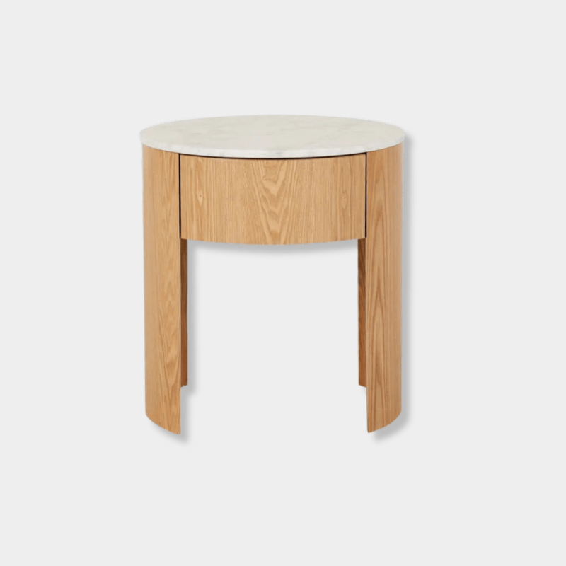 GlobeWest Oberon Crescent marble bedside table with natural ash veneer legs and white Carrara marble top