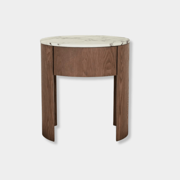 GlobeWest Oberon Crescent marble bedside table with matt ocean Carrara marble top and smoked ash ash veneer legs and case, one drawer, modern timber veneer design.