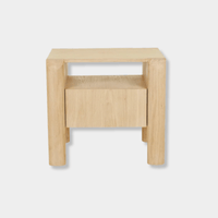 Globe West Willa Bedside Table in Satin Oak with elliptical legs, push-to-open drawer, and open shelf.