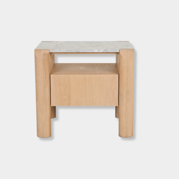 GlobeWest Willa Marble Bedside, Grey Marble & Satin Oak | Norsu Interiors