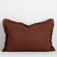 Baya Dover Cushion in brick color with soft fringed edges and woven rayon linen fabric, 40x60cm lumbar pillow.