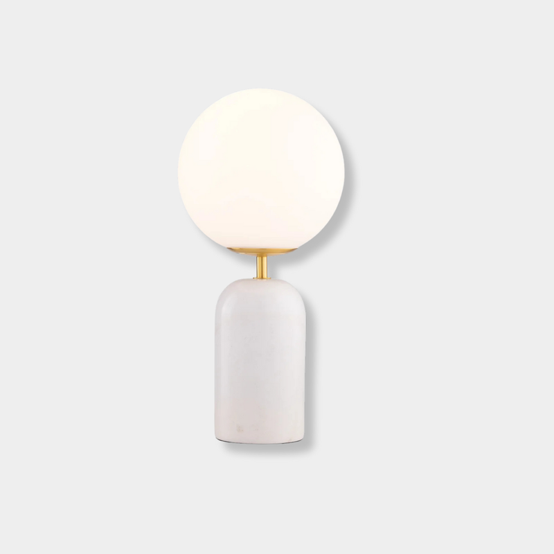 Soren Desk Lamp in white marble with brass and frosted glass shade on a minimal base