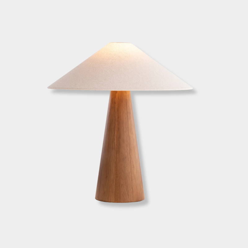 Pyra Table Lamp with walnut conical base and linen shade, geometric design, Raw Elements Collection