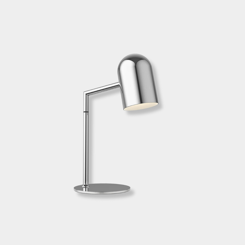 Pia Desk Lamp in polished chrome with modern architectural design and E27 bulb socket
