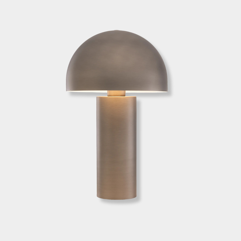 Ore Table Lamp in brushed nickel with cylindrical base and domed shade, modern minimalist design