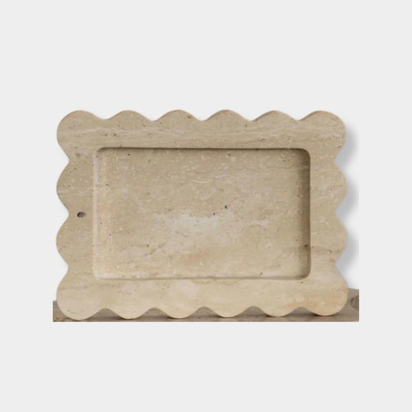 Palazzo Scalloped Marble Tray in beige travertine with scalloped edges and incense holder