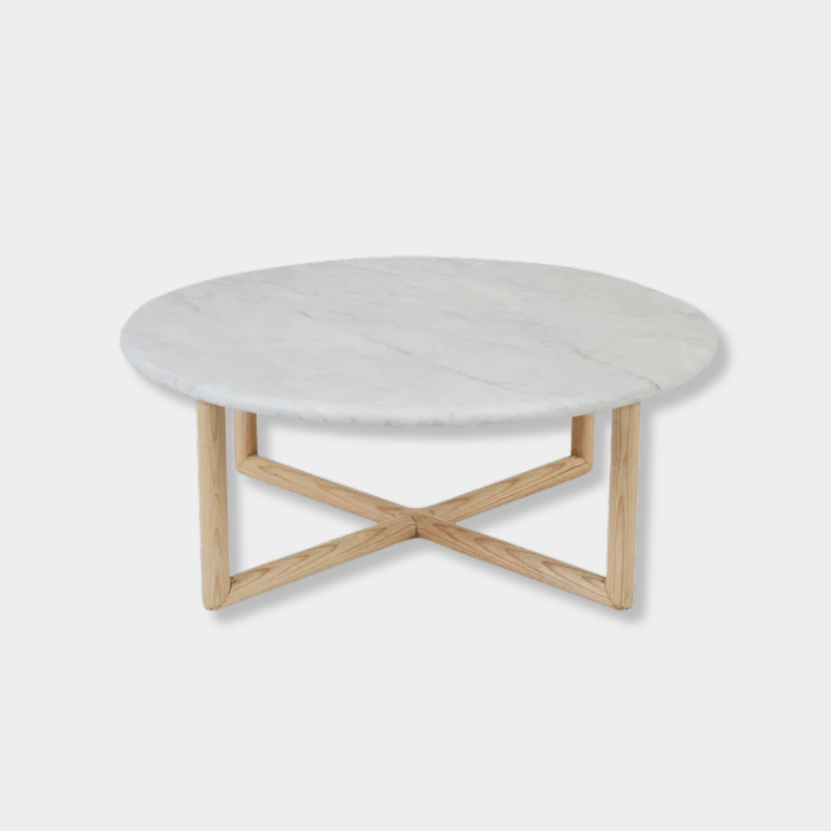 GlobeWest Camille Marble Coffee Table with matt white Carrara marble top and natural ash cross base