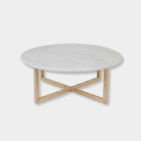 GlobeWest Camille Marble Coffee Table with matt white Carrara marble top and natural ash cross base