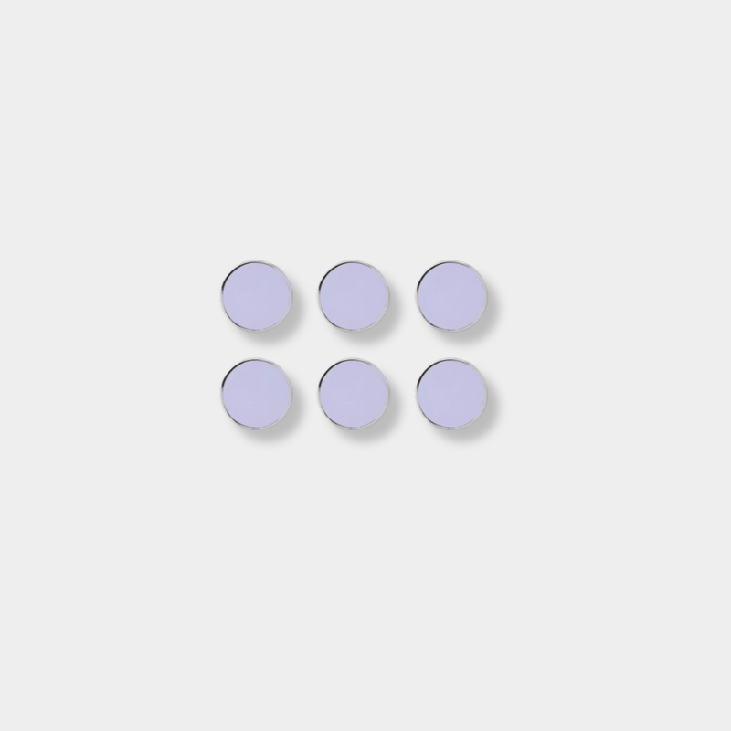 Set of six lilac Mustard Made magnetic buttons with smooth flat surface and shiny edges.