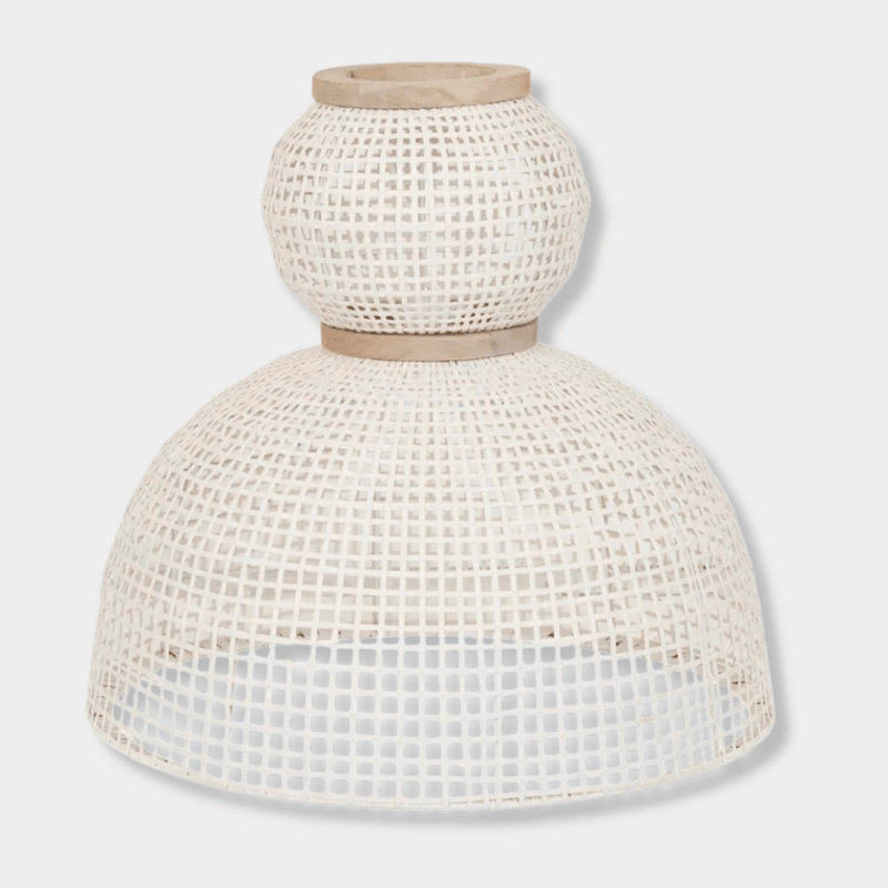 GlobeWest Granada Dome Pendant in chalk and aged teak synthetic wicker with woven dome design.