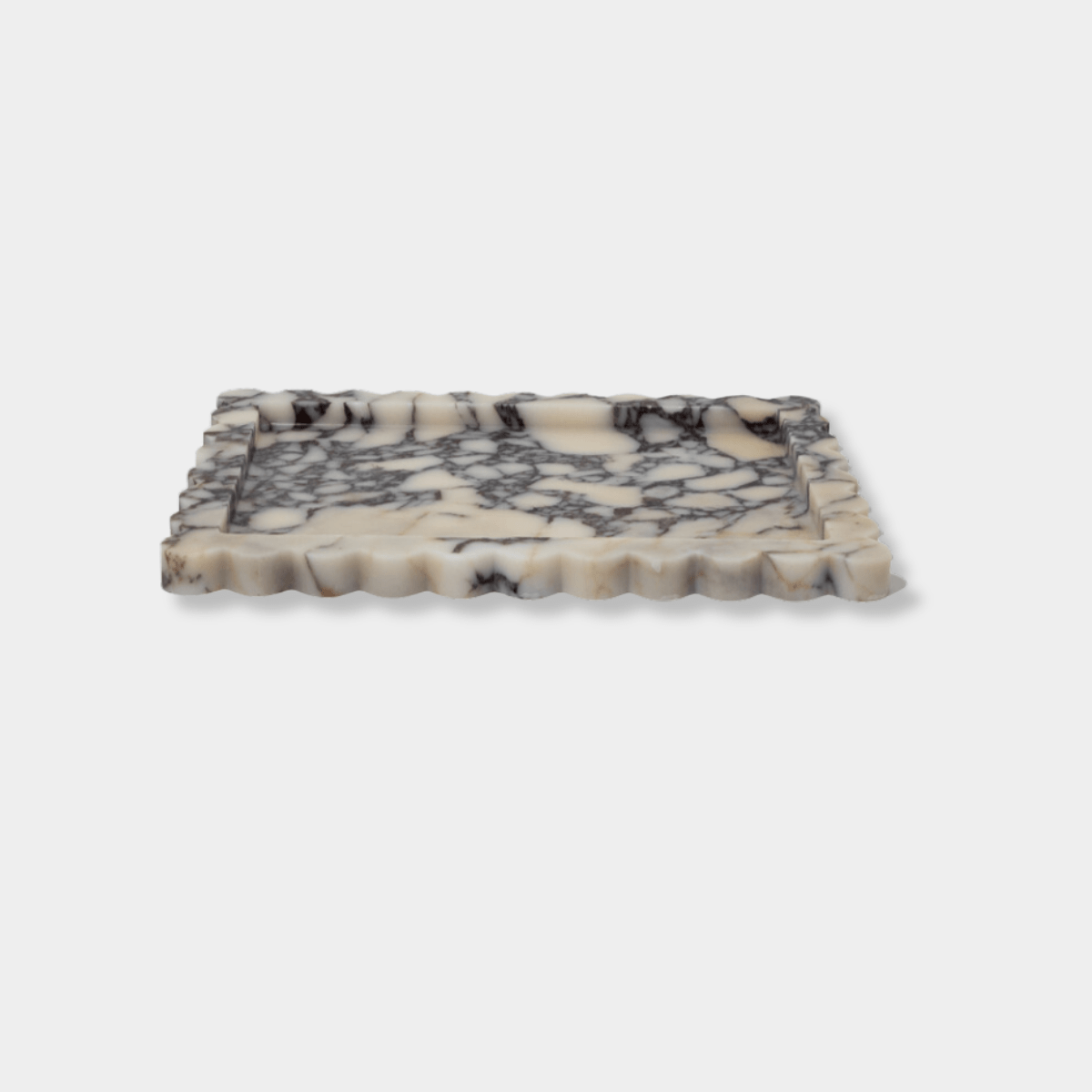 CoTheory Palazzo Scalloped Marble Bar Tray in Viola Marble with intricate palatial design and narrow profile.