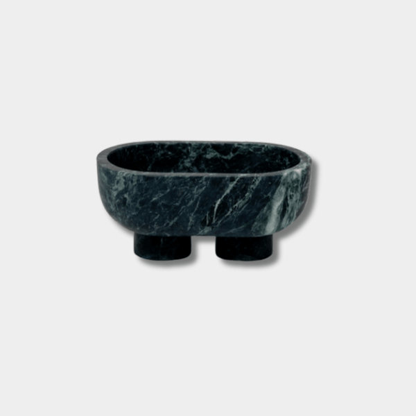 CoTheory Marble footed oval tray in dark Verdi Alpi marble with sculptural design and felt pads