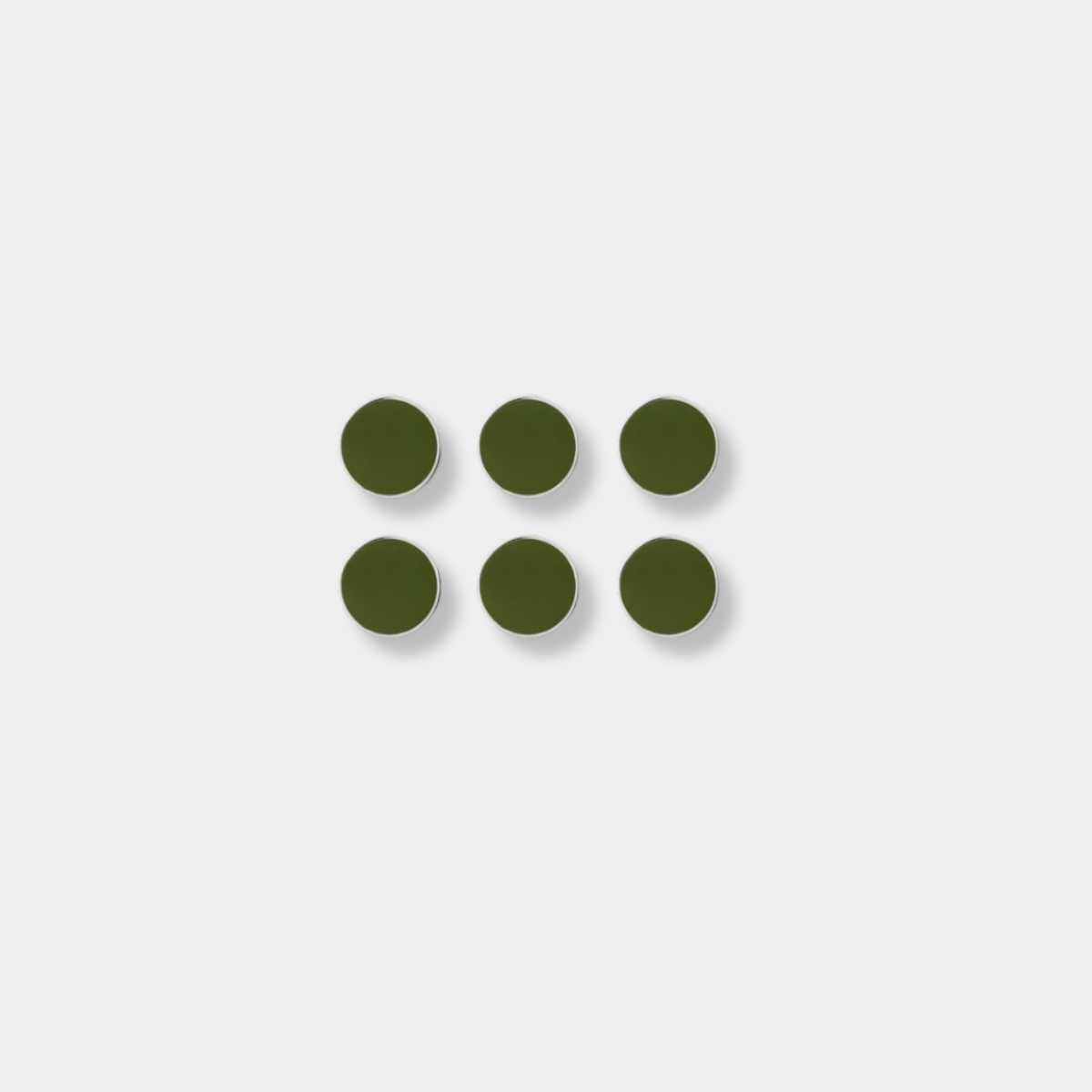 Set of six olive green magnetic buttons from Mustard Made's 12 signature colours collection with smooth flat surface and strong magnetic back.