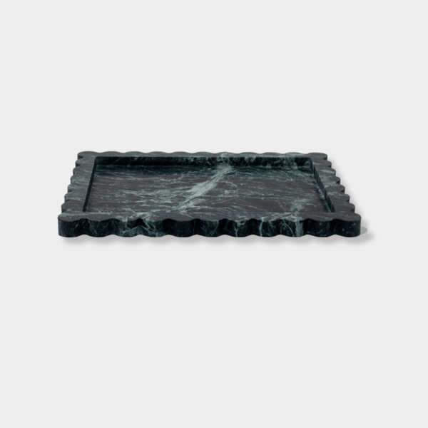 CoTheory Marble Tray large scalloped Verdi Alpi dark green marble serving tray with decorative edges