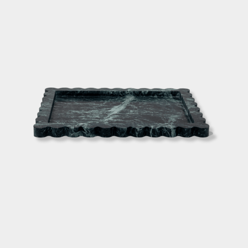 CoTheory Marble Tray large scalloped Verdi Alpi dark green marble serving tray with decorative edges