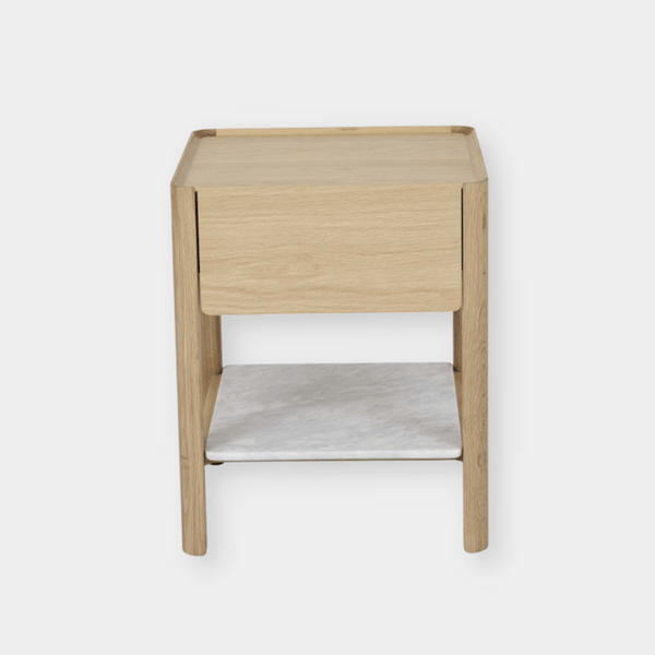 GlobeWest Sketch Tye Marble Bedside, White Marble & Light Oak | Norsu Interiors