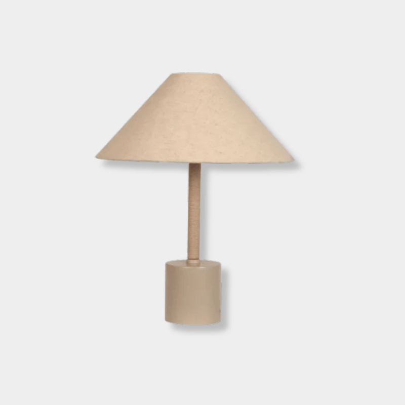 Easton Collins Table Lamp with shell base, ecru linen shade, and wrapped rope detailing in natural tones.