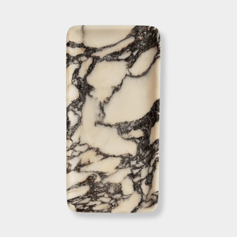 Linea Rectangle Marble Tray in black and white Calacatta Viola marble with natural veining and minimalist design