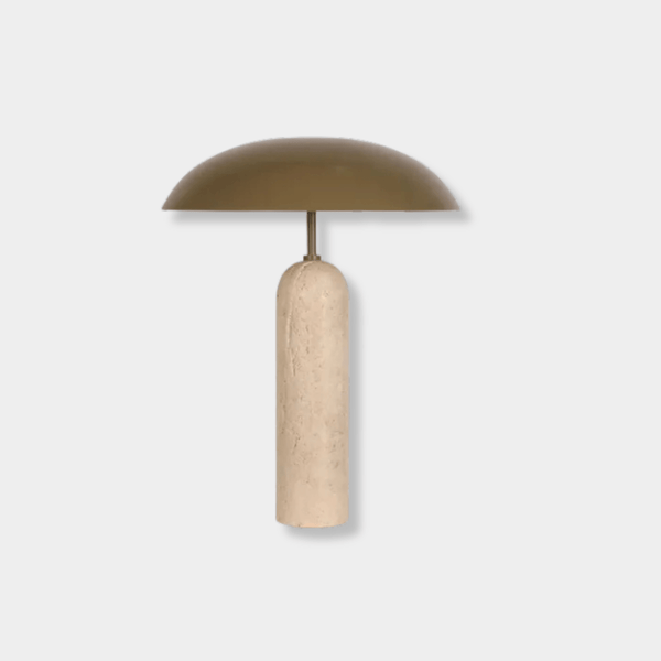 Easton Ellipse Table Lamp with olive green metal shade and travertine marble base