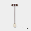 Easton Marquee Floor Lamp with natural travertine base and burgundy metal shade, modern design, 1450mm height