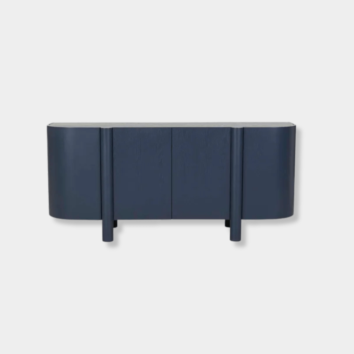 GlobeWest Artie Buffet in twilight blue with curved edges, four doors, slender legs, and spacious interior compartments