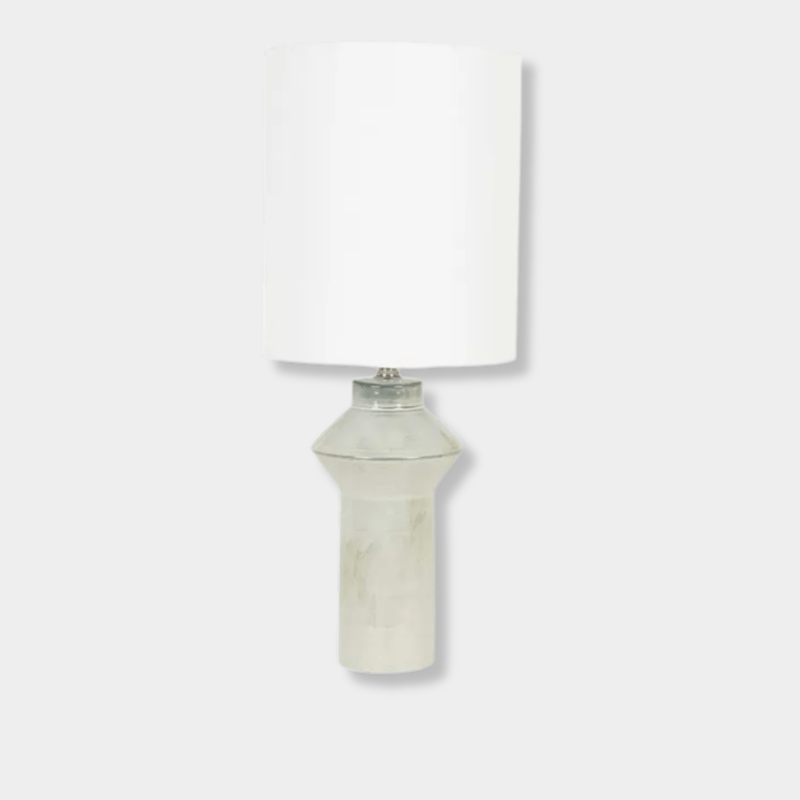 GlobeWest Lorne Post Table Lamp with light grey ceramic base and ivory fabric shade for elegant soft lighting