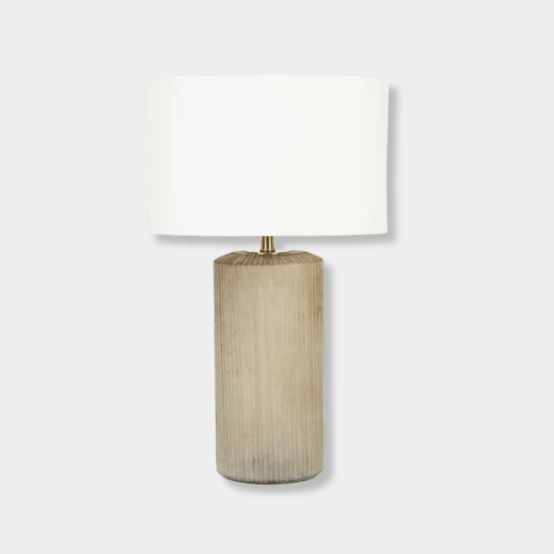 GlobeWest Emery Ridge Table Lamp with mist hand-etched glass base and sand linen shade.